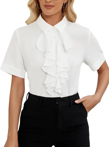 Vista 27 de Vrtige Women's Ruffle Front Collar Neck Button Down Short Sleeve Blouse Shirt Top