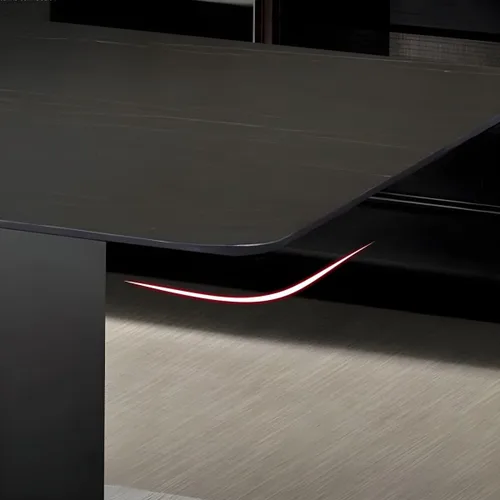 Vista 6 de LAKIQ Mesa de comedor rectangular de piedra sinterizada moderna con parte superior de piedra con doble pedestal de metal para comedor
