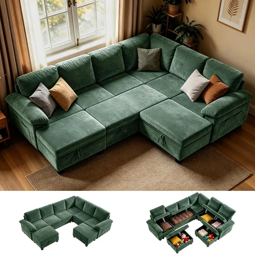 Vista 17 de 86" L-Shaped Sectional Sleeper Couch, Modular Pull-Out Storage Sofa Bed Green