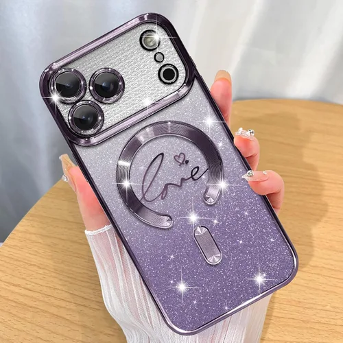 Vista 69 de ZIYE Funda Magnética Diseñada para iPhone 14 Funda con Purpurina Plateado de Lujo Corazón de Amor Compatible con MagSafe Funda Transparente con Negro