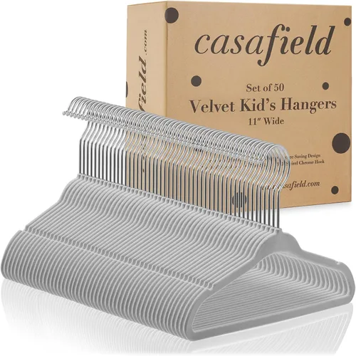 Vista 4 de Casafield 50 perchas de terciopelo para bebé, tamaño de 11 pulgadas para ropa de bebés y niños pequeños, color gris