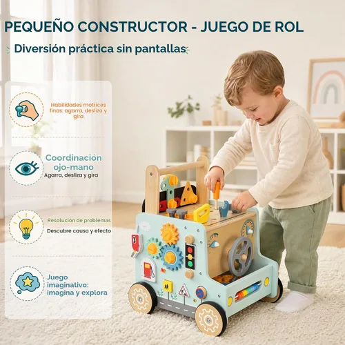 Vista 6 de Andador de madera para bebés, banco de herramientas de empuje de juguete