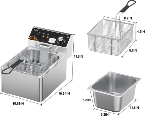 Vista 3 de Freidora Profunda Comercial 10.56Qt Freidoras de Encimera 1.0mm de Acero Inoxidable Grueso 1700W Freidora Eléctrica de Inmersión con Cesta