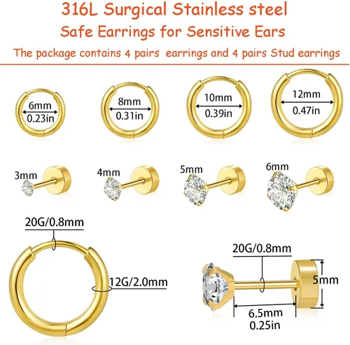 Vista 2 de Juego de aretes Huggie de 0.236 in, 0.315 in, 0.394 in y 0.472 in, hipoalergénicos, pequeños aretes de aro con circonita cúbica para mujeres