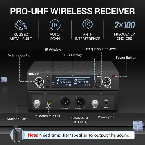 Vista 5 de TONOR Sistema de Micrófono Inalámbrico, Escaneo Automático y Emparejamiento Micrófono Inalámbrico Recargable Profesional, Set de 2x100 UHF