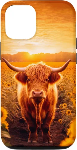 Vista 11 de iPhone 12 mini Estética Scottish Highland Cow In Sunflower Field Sunset Case