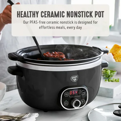 Vista 3 de GreenLife Olla de cocción lenta de 6QT, olla de cerámica antiadherente no tóxica sin PFAS, recipiente interior extraíble, programable, apta
