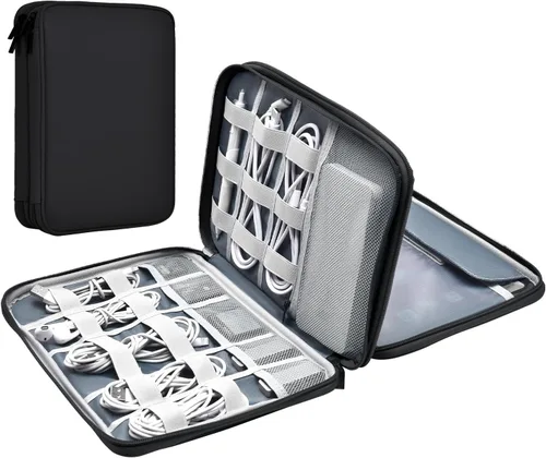 Vista 12 de Organizador de cables de cuero para viaje, impermeable, organizador de cables de viaje, portátil, organizador técnico, estuche de viaje para Verde