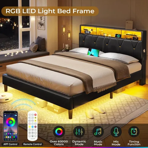 Vista 3 de BTHFST Marco de cama tamaño completo con luces LED y estación de carga, marco de cama LED tamaño completo con almacenamiento de cabecero, cama