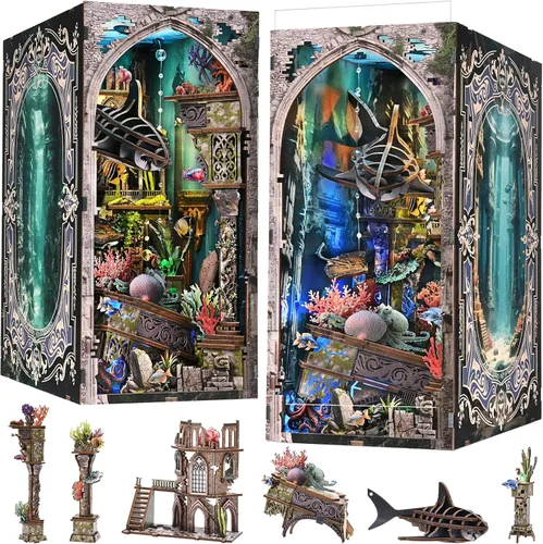 Vista 18 de fifijoy Kit de Rincón de Libros - Kit de Casa en Miniatura DIY para Adultos, Kit de Construcción de Casa Pequeña Cafetería Retro de los años 50