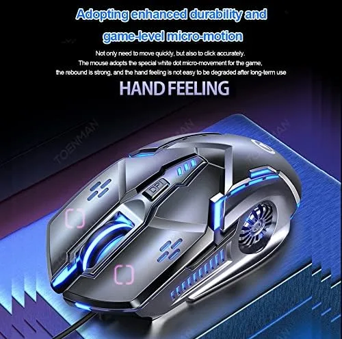 Vista 8 de Mouse para juegos con cable, 6 botones, 4 DPI ajustables hasta 3200 DPI, 7 luces LED circulares y de respiración, mouse multifunción con cable