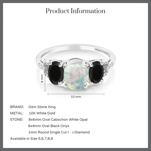 Vista 4 de Gem Stone King Anillo de compromiso de oro blanco de 10 quilates con ópalo blanco simulado de ónix negro y diamante con acento de 3 piedras