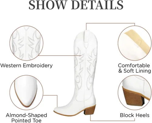 Vista 4 de STALOV Botas vaqueras para mujer, botas de tacón grueso hasta la rodilla, botas vaqueras con punta occidental, botas bordadas de gamuza