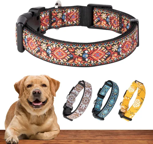 Vista 10 de Collar de perro para perros medianos y grandes, patrón acolchado de algodón con flores en collares de larga duración, ajustables, fuertes