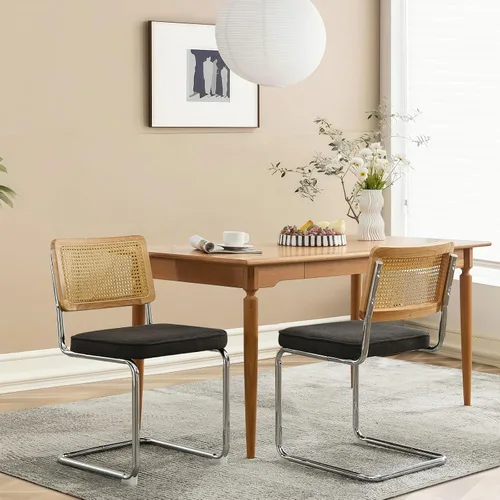 Vista 13 de Juego de 2 sillas de comedor de terciopelo con respaldo de ratán, diseño moderno Breuer con base cromada inoxidable sin brazos tapizada para Beige