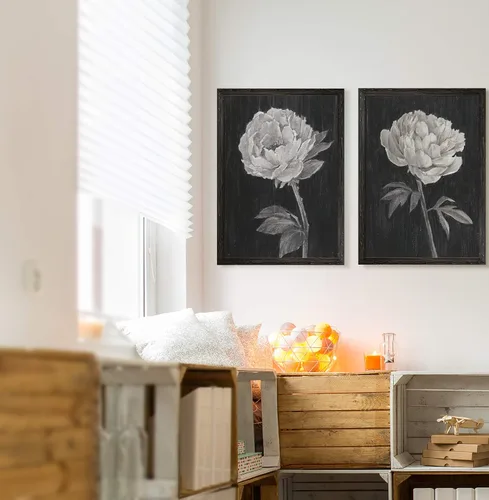 Vista 6 de Renditions Gallery- Lienzo enmarcado con flores blancas y negras Flores blancas y negras 1 juego/marco negro