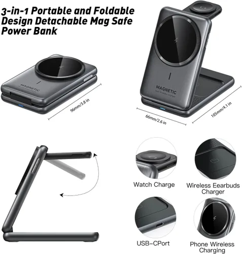 Vista 2 de Cargador inalámbrico magnético 3 en 1, estación de carga plegable, base de inducción electromagnética, compatible con MagSafe, compatible con iPhone