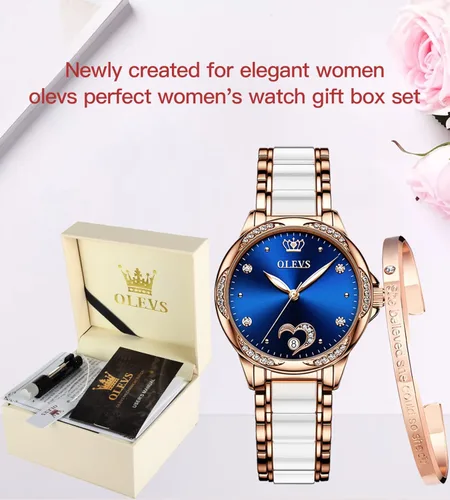 Vista 6 de OLEVS Relojes automáticos para mujer, mecánico, esfera de corazón, esfera de corazón, oro rosa, banda de cerámica, impermeable, luminoso, fecha