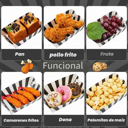 Vista 4 de Yaomiao - 100 bandejas de papel a rayas para alimentos, bandeja para servir Negro