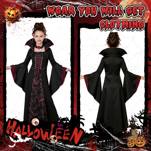 Vista 2 de Disfraz de vampiro para niñas, disfraz gótico, negro, rojo, vestido Vampire