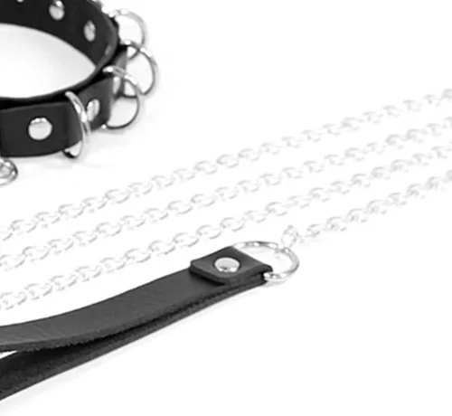 Vista 5 de Daimay Gargantilla gótica de cuero con círculo, collar de PU punk rock, tamaño ajustable con cadena de tracción, color negro con remache, Metal
