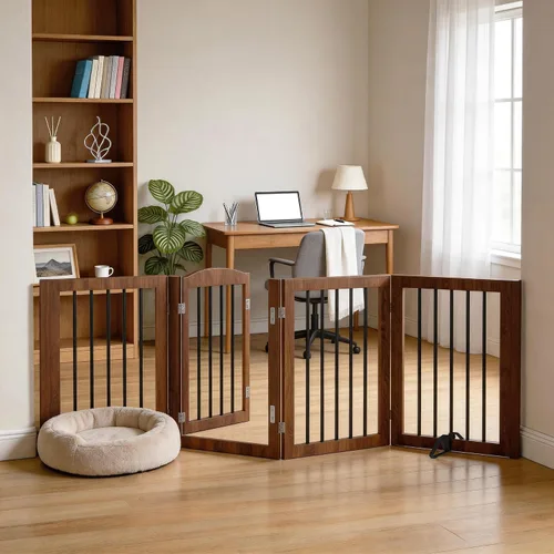 Vista 3 de Vantas Puerta plegable para mascotas de 80 pulgadas de ancho, 30 pulgadas de alto, puerta de madera para perros sin montaje con puerta pasante