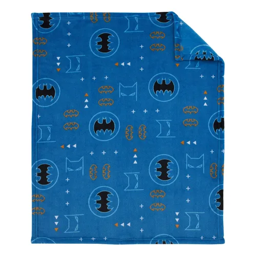 Vista 3 de Warner Brothers - Manta de bebé súper suave con iconos, emblemas y triángulos de Batman, azul, naranja y blanco