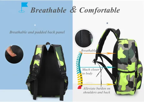 Vista 5 de Mochila de camuflaje para niños preescolares para jardín de infantes, bolsa de guardería, Camuflaje azul cielo, Mochilas de mochila