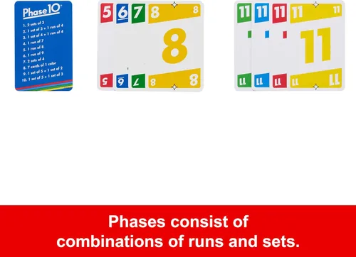 Vista 4 de Mattel Games Juego de cartas Phase 10 con baraja accesible para daltónicos en lata de almacenamiento y viaje para niños, adultos y familias