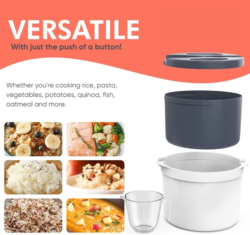 Vista 4 de Olla de Arroz de Microondas con Vaporizador y Olla para Pasta con Colador - Diseño Sin Desorden, Apto para Lavavajillas, Cocina Hasta 8 Tazas