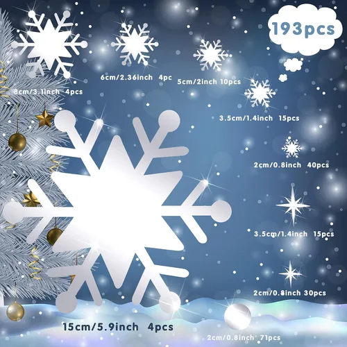 Vista 2 de Outus 193 calcomanías de pared de espejo de copo de nieve de Navidad, calcomanías de pared extraíbles de espejo acrílico 3D, decoración