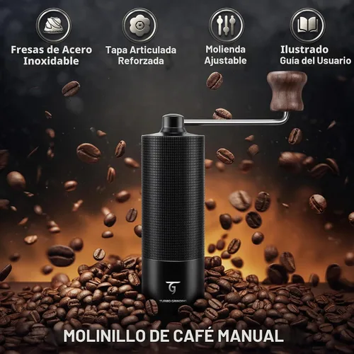 Vista 2 de SUNYA Molinillo de café manual con rebabas cónicas de acero inoxidable. Molino de grano de café de mano de carcasa de aluminio con ajustes MCG-02