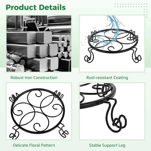 Vista 2 de Set Of 2 Black Iron Flower Pot Stands With Decorative Curves And Wheels, Rust-Free Plant Holders, Ready To Use, No Assembly Necessary