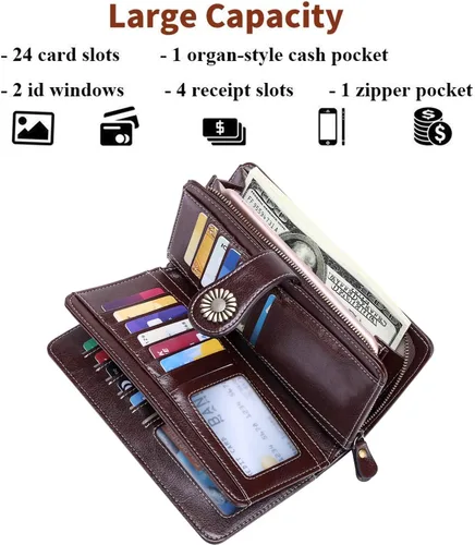 Vista 4 de KELEEL Cartera de cuero genuino con bloqueo RFID para mujer, Coffee), BCPLW2