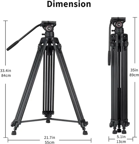 Vista 8 de Sistema de trípode de video Cayer BV30L, trípode de aluminio de doble tubo resistente de 72" con cabezal fluido K3, base plana de 75mm, carga máxima
