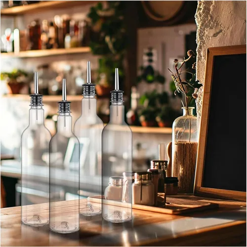 Vista 8 de 8 juegos de botellas de plástico de 25 onzas, botellas de jugo de jarabe de cuello largo con vertedor y tapas, recipiente de plástico a prueba