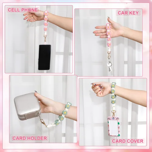 Vista 6 de Jspupifip - 2 correas de muñeca de macramé boho para teléfono, rosa/verde con correa antirrobo para mujer con correa antirrobo para teléfono