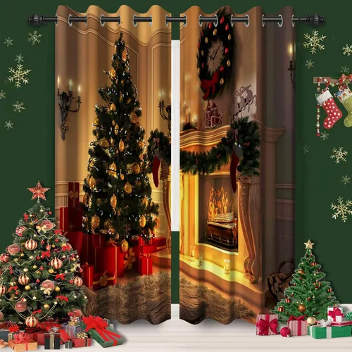 Vista 24 de Cortinas con adornos de Navidad impresos, cortinas para ventana de chimenea, calcetines de Navidad, árboles de Navidad, regalos, paneles opacos