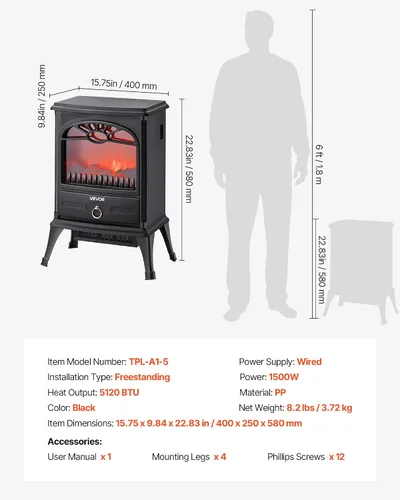 Vista 7 de VEVOR - Chimeneas independientes de 22.8 pulgadas, calefactor eléctrico portátil de chimenea de 1500 W y 5120 BTU, con protección contra