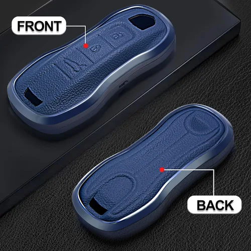 Vista 2 de Funda de piel azul y aluminio compatible con Porsche 911 Cayenne Panamera TAYCAN 3 botones sin llave accesorio remoto