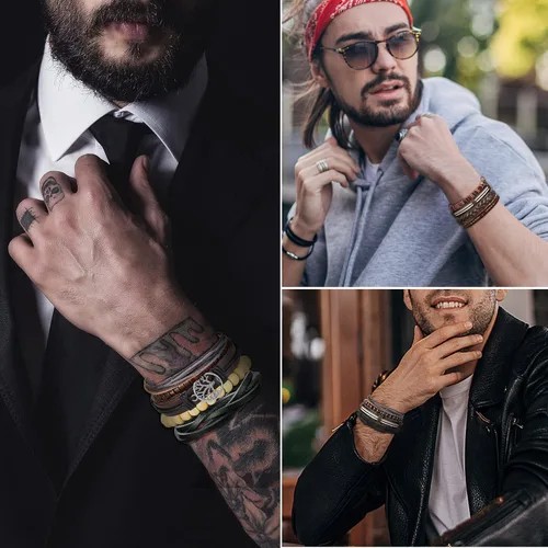 Vista 5 de Hanpabum 18 pulseras de cuero trenzado para hombres y mujeres, pulsera tejida con cuentas de madera, pulseras étnicas tribales ajustables, Cuero