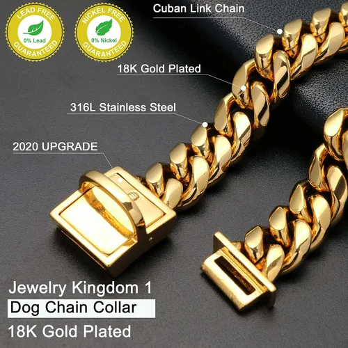 Vista 3 de Collar de cadena de oro para perro con etiqueta de identificación de perro, cadena de eslabones cubanos de acero inoxidable de 18 quilates