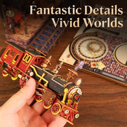 Vista 9 de Kit de rincón de libro, kit de casa en miniatura para adultos, rompecabezas LED 3D estación mágica, kit de rincón de libros, fabricado en madera