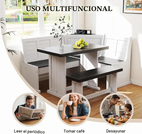 Vista 4 de Rincón de Desayuno Mesa de Comedor de Esquina de Cocina Juego de Banco y Silla, con Puertos de Carga, Almacenamiento Oculto que Ahorra Espacio 3-5
