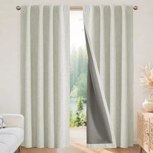 Vista 18 de Joydeco - Cortinas 100% opacas, 2 paneles de lino natural para oscurecer habitación, aislamiento térmico, trabillas traseras y bolsillo para barra