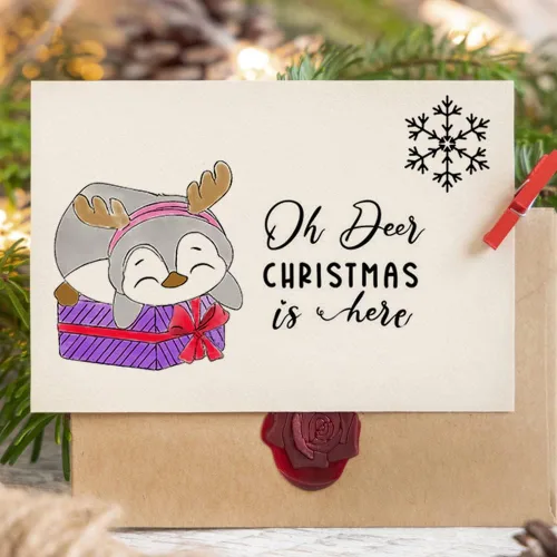 Vista 4 de Sellos transparentes de Feliz Navidad para hacer tarjetas, diseño de pingüino de invierno con copos de nieve, sellos de goma transparente para Oh