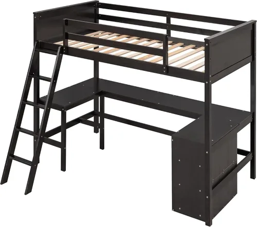 Vista 7 de Cama loft de madera con estantes de almacenamiento y escritorio en forma de U, marco de cama tipo loft de tamaño individual con barandillas