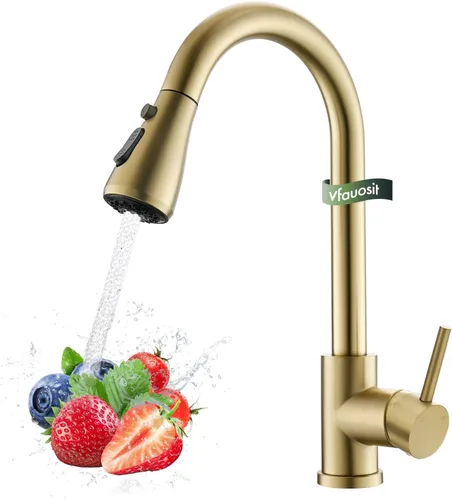 Vista 26 de VFAUOSIT - Grifo de cocina con rociador extraíble, grifo de fregadero de cocina sin plomo, níquel cepillado, acero inoxidable, arco alto, extracción