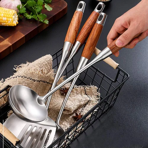 Vista 7 de 6 utensilios de cocina de acero inoxidable – Juego de herramientas de cocina con mango Hua Limu resistente al calor con cuchara ranurada, servidor