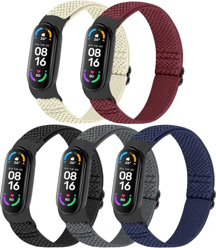 Vista 14 de TumpCez Paquete de 5 correas de nailon Solo Loop compatibles con Xiaomi Mi Band 7 6 5 4 3/Amazfit Band 5 correas, ajustable, transpirable, cómoda